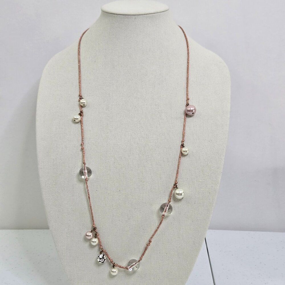 J Crew Pink Necklace Faux Pearl Rhinestone Chain Cord Knot Long Boho Bauble